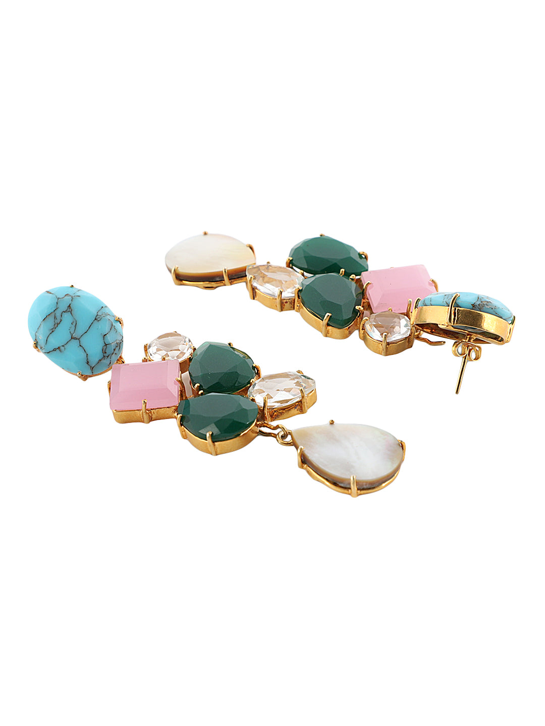 LYDIA TURQUOISE, ROSE QUARTZ AND GREEN ONYX & MOTHER OF PEARL CONVERT EARRING jewellery in 24K gold plating | XAGO Luxe