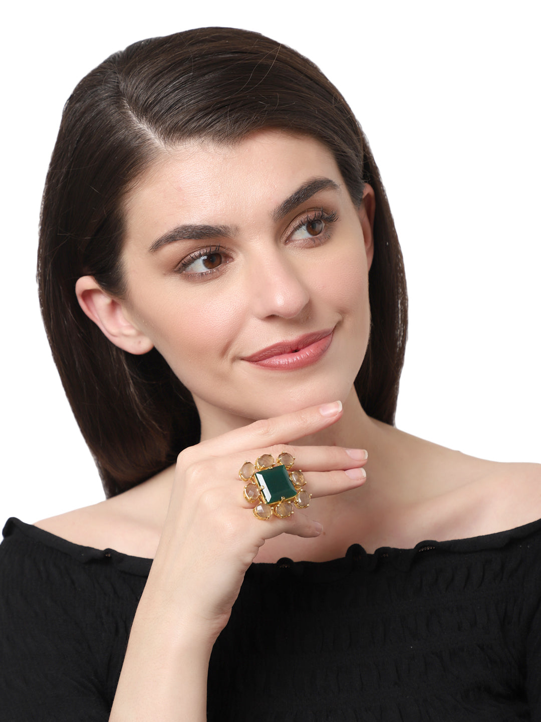 ARTEMIS GREEN ONYX & SMOKY QUARTZ RING jewellery in 24K gold plating | XAGO Luxe