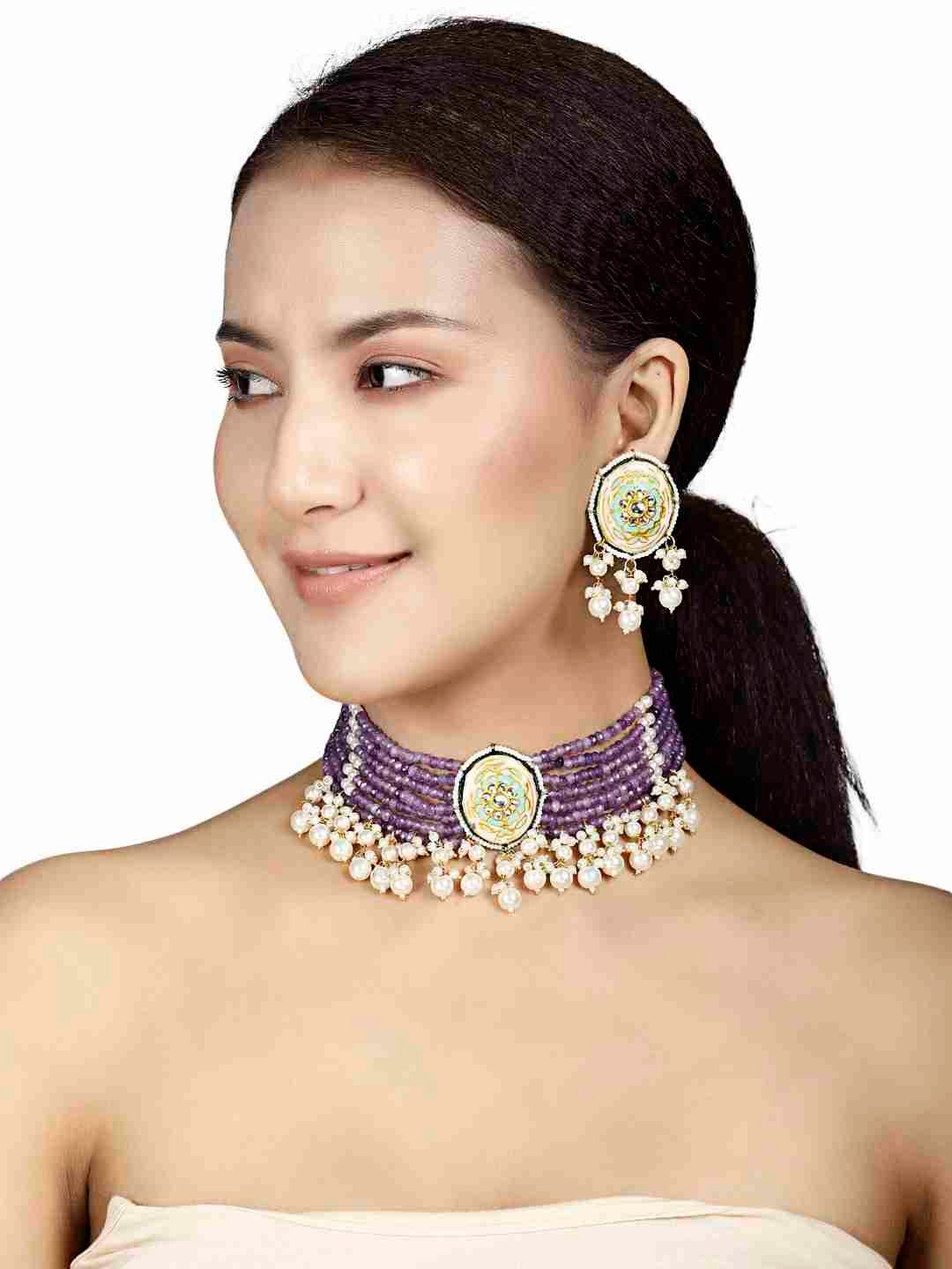 LAASYA PURPLE BEADS & WHITE PERALS KHUNDAN NECKLACE SET