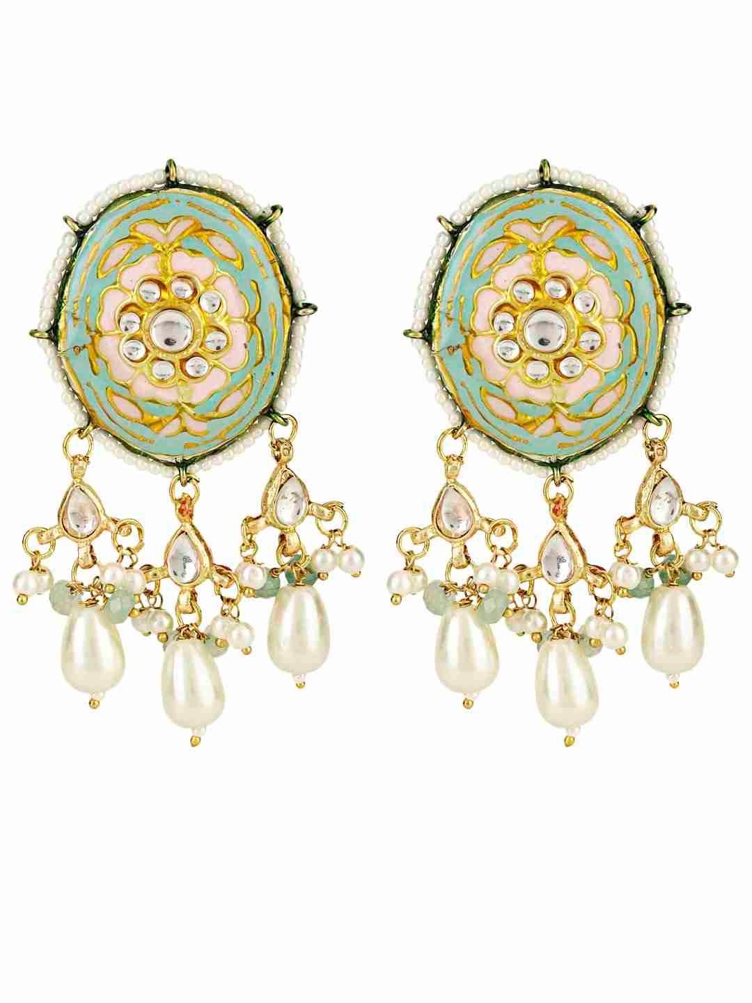 ELAXI GREEN AND PINK BEADS & WHITE PEARLS KUNDAN NECKLACE SET