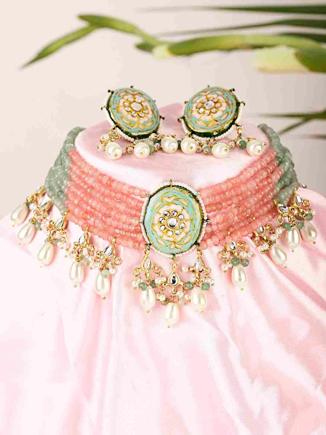 ELAXI GREEN AND PINK BEADS & WHITE PEARLS KUNDAN NECKLACE SET jewellery in 24K gold plating | XAGO Luxe