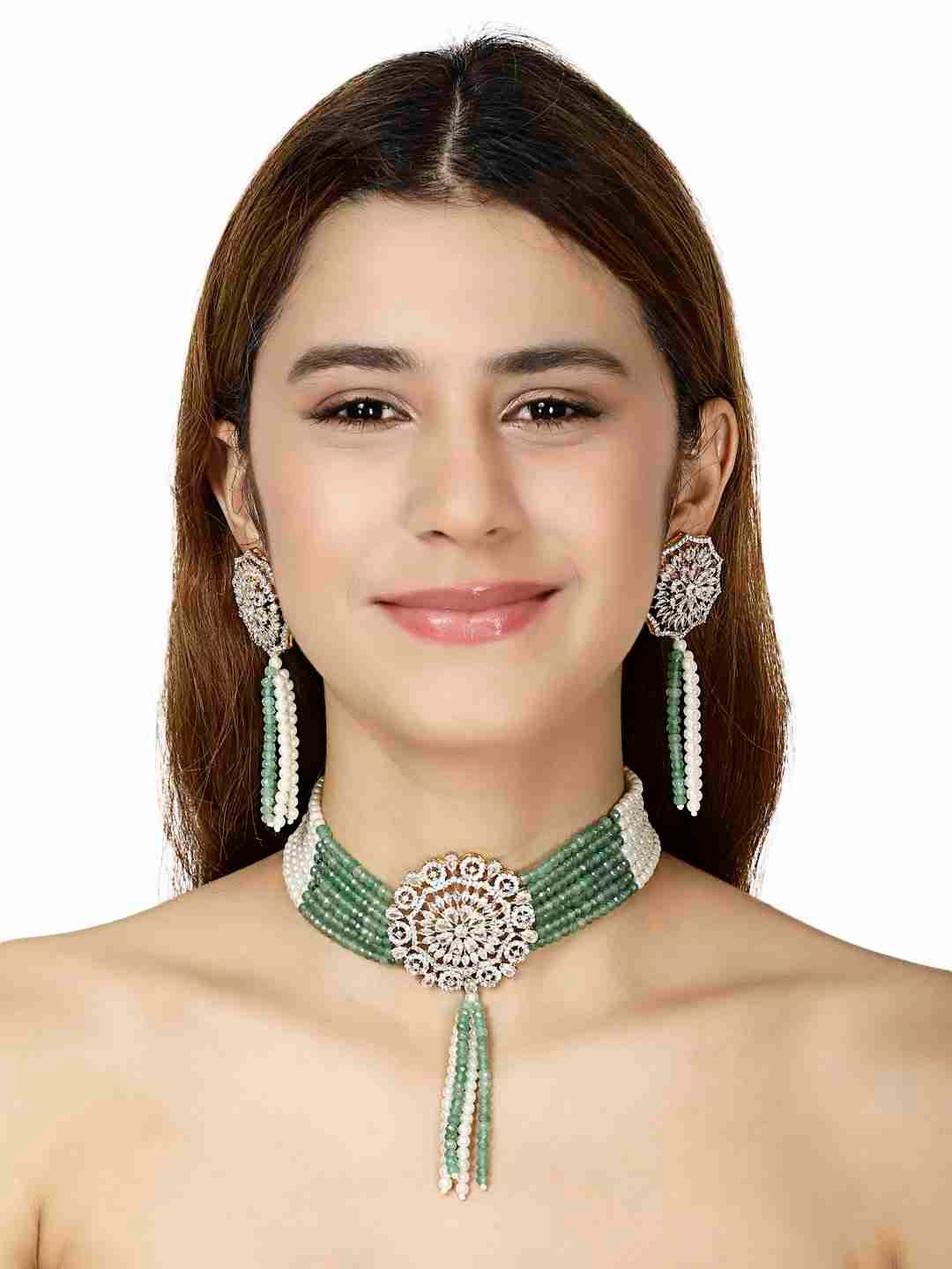 EKANTA GREEN AND WHITE PEARLS KUNDAN NECKLACE SET