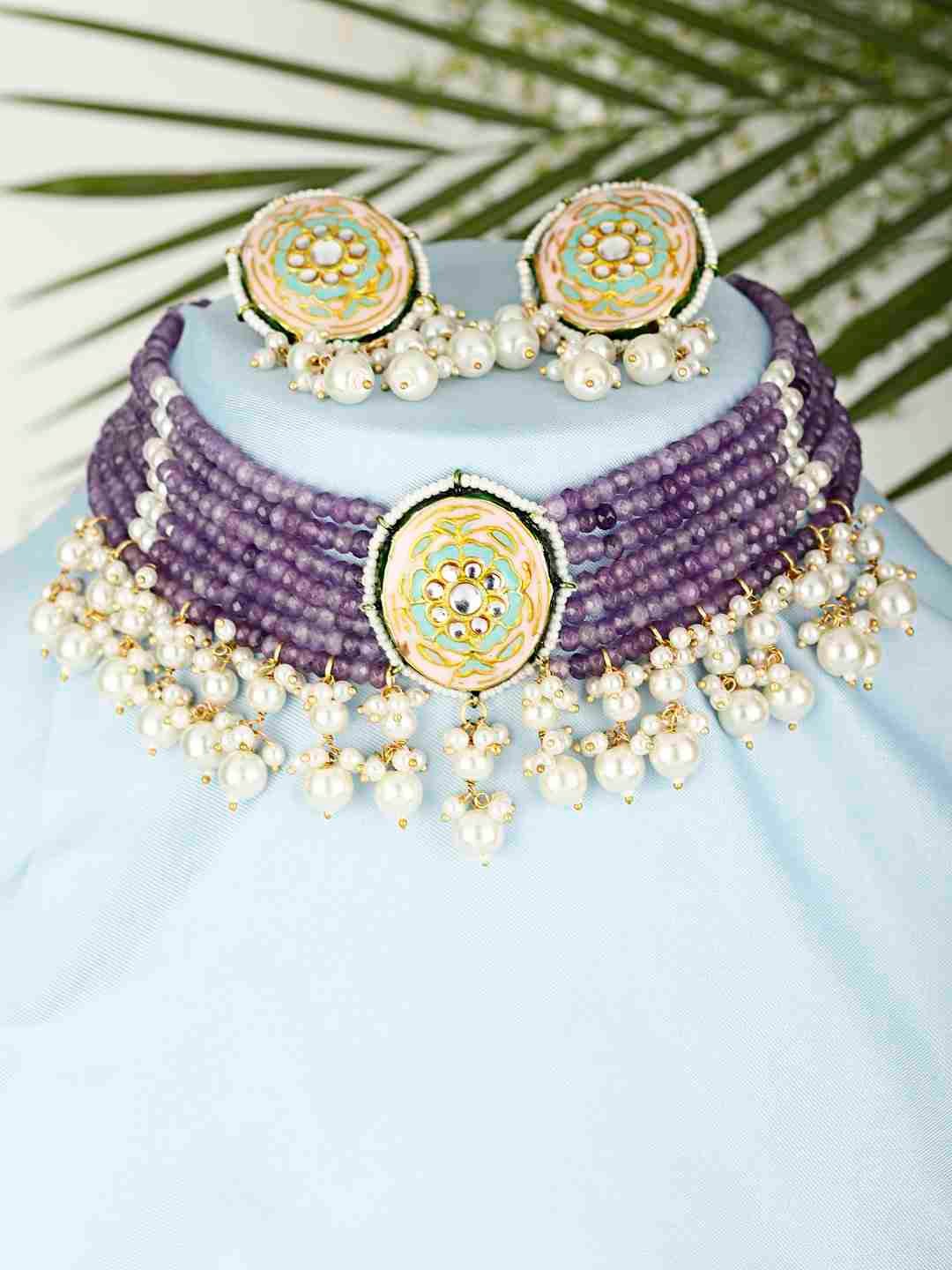 LAASYA PURPLE BEADS & WHITE PERALS KHUNDAN NECKLACE SET jewellery in 24K gold plating | XAGO Luxe