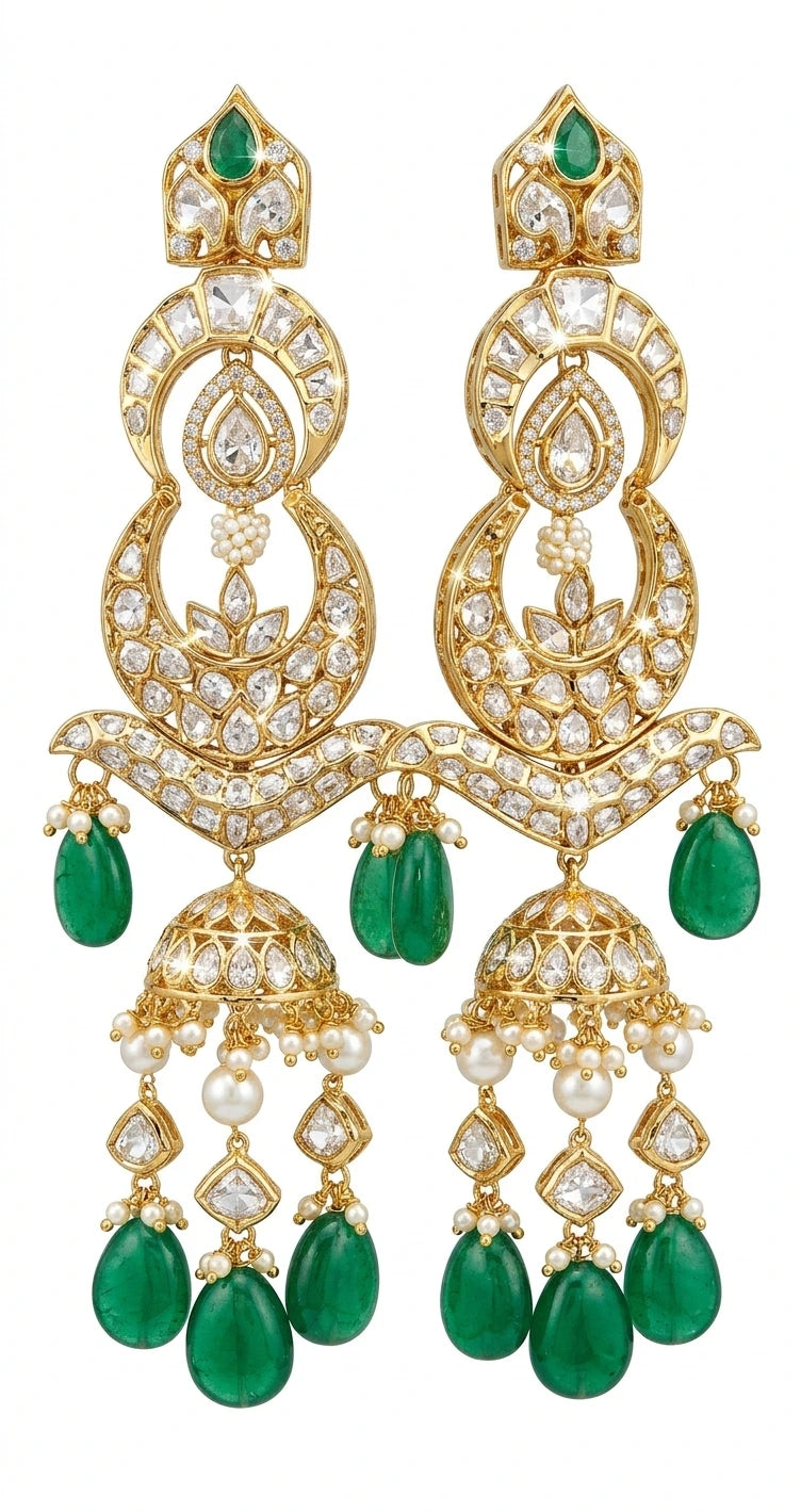 Traditional Kundan Chandbali Jhumka with Emerald Drops | XAGO Luxe