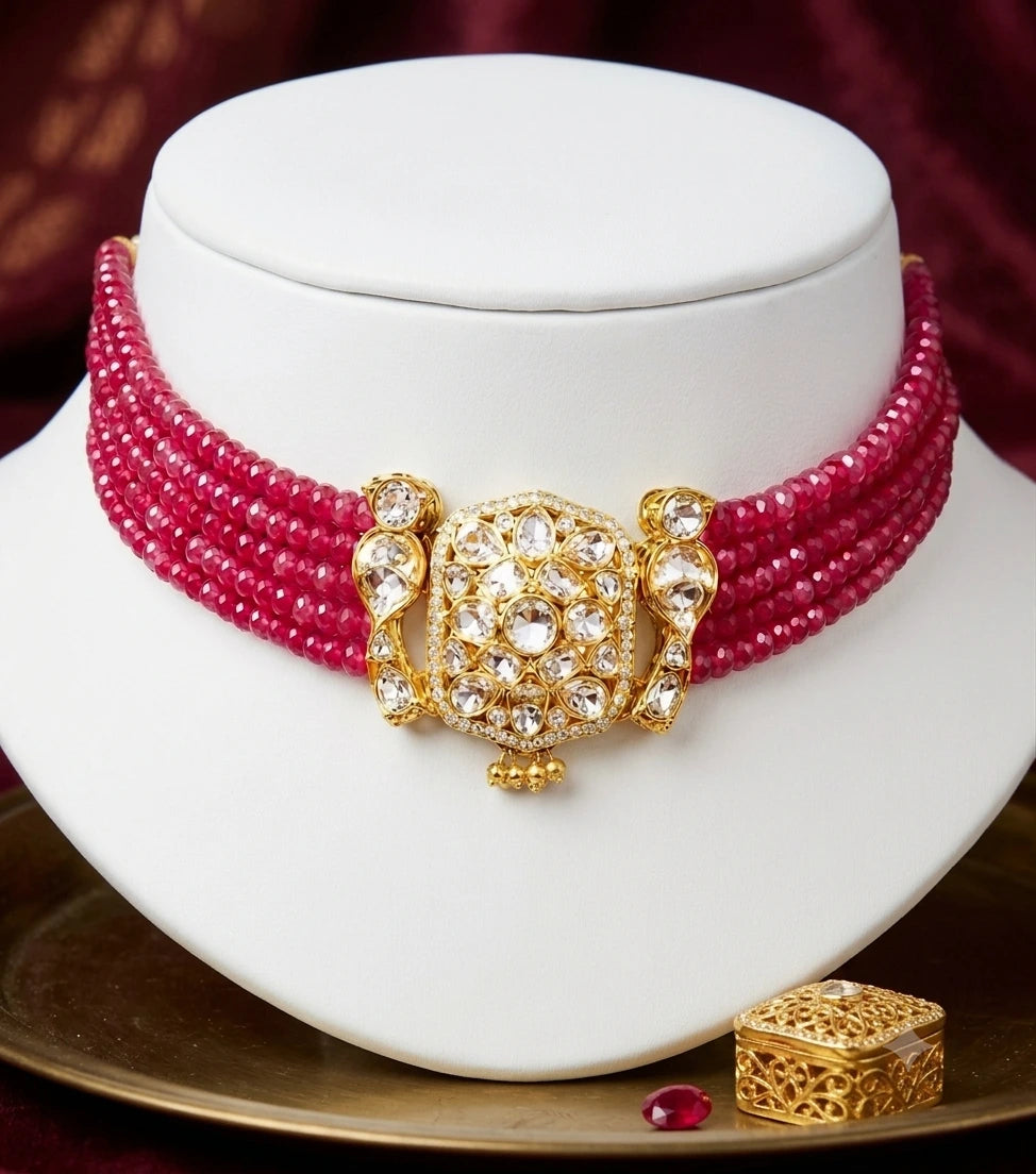 Multi-Strand Faceted Pink Bead Choker Kundan XAGO Luxe