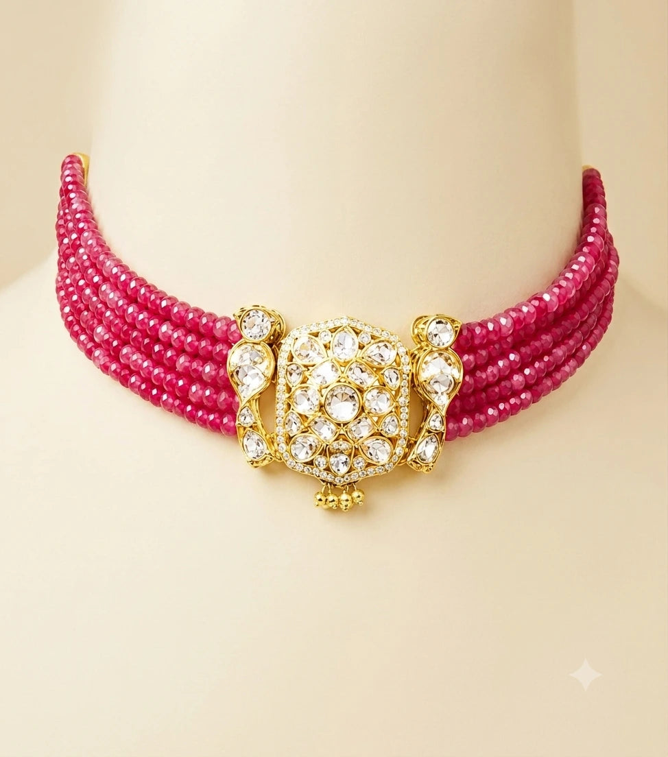 Multi-Strand Faceted Pink Bead Choker Kundan XAGO Luxe