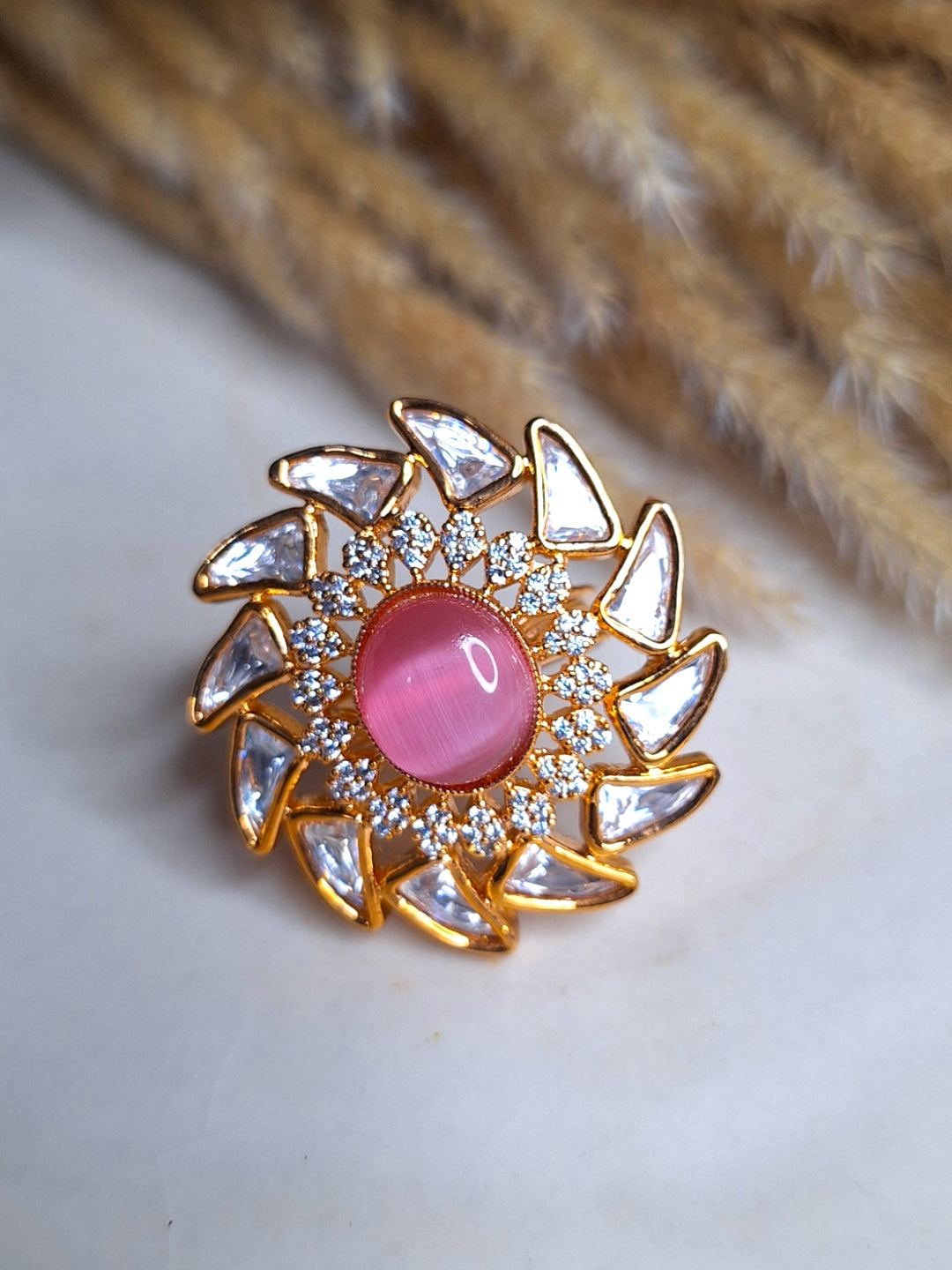 SHOBHANA KUNDAN RING STUDDED WITH AMERICAN DIAMOND AND PINK STONE jewellery in 24K gold plating | XAGO Luxe