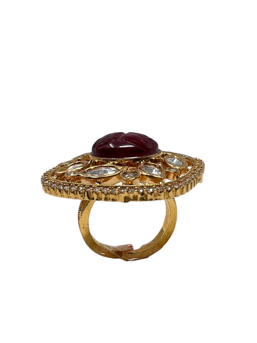 CHARU KUNDAN RING STUDDED WITH AMERICAN DIAMOND AND RED STONE jewellery in 24K gold plating | XAGO Luxe