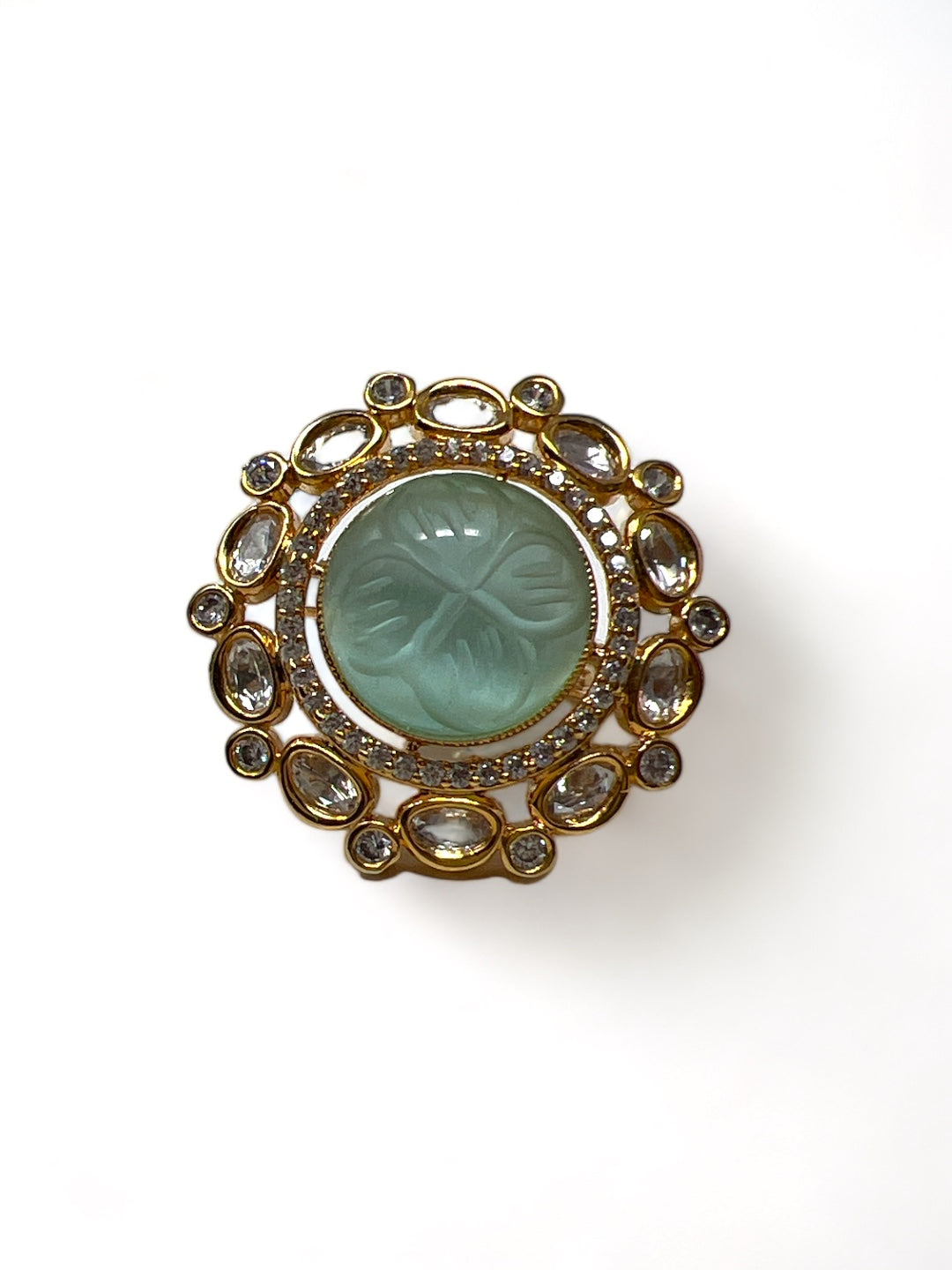 SAUNDARYA POLKI RING WITH AMERICAN DIAMOND AND CARVED JADE STONE jewellery in 24K gold plating | XAGO Luxe