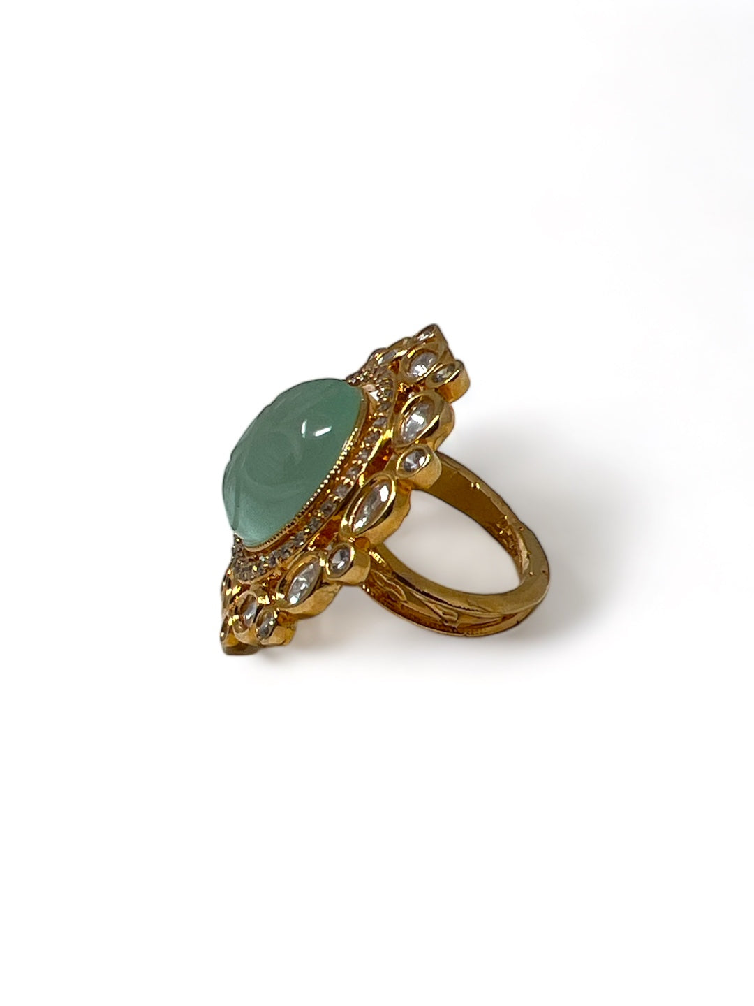 SAUNDARYA POLKI RING WITH AMERICAN DIAMOND AND CARVED JADE STONE jewellery in 24K gold plating | XAGO Luxe