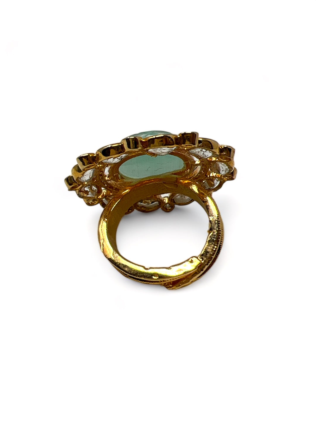 SAUNDARYA POLKI RING WITH AMERICAN DIAMOND AND CARVED JADE STONE jewellery in 24K gold plating | XAGO Luxe