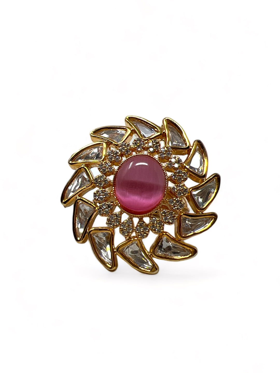 SHOBHANA KUNDAN RING STUDDED WITH AMERICAN DIAMOND AND PINK STONE jewellery in 24K gold plating | XAGO Luxe