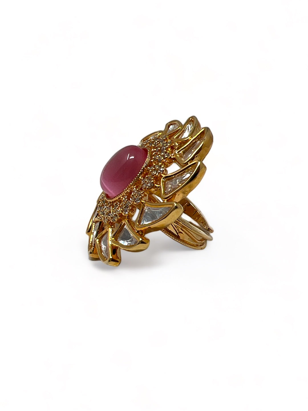 SHOBHANA KUNDAN RING STUDDED WITH AMERICAN DIAMOND AND PINK STONE jewellery in 24K gold plating | XAGO Luxe