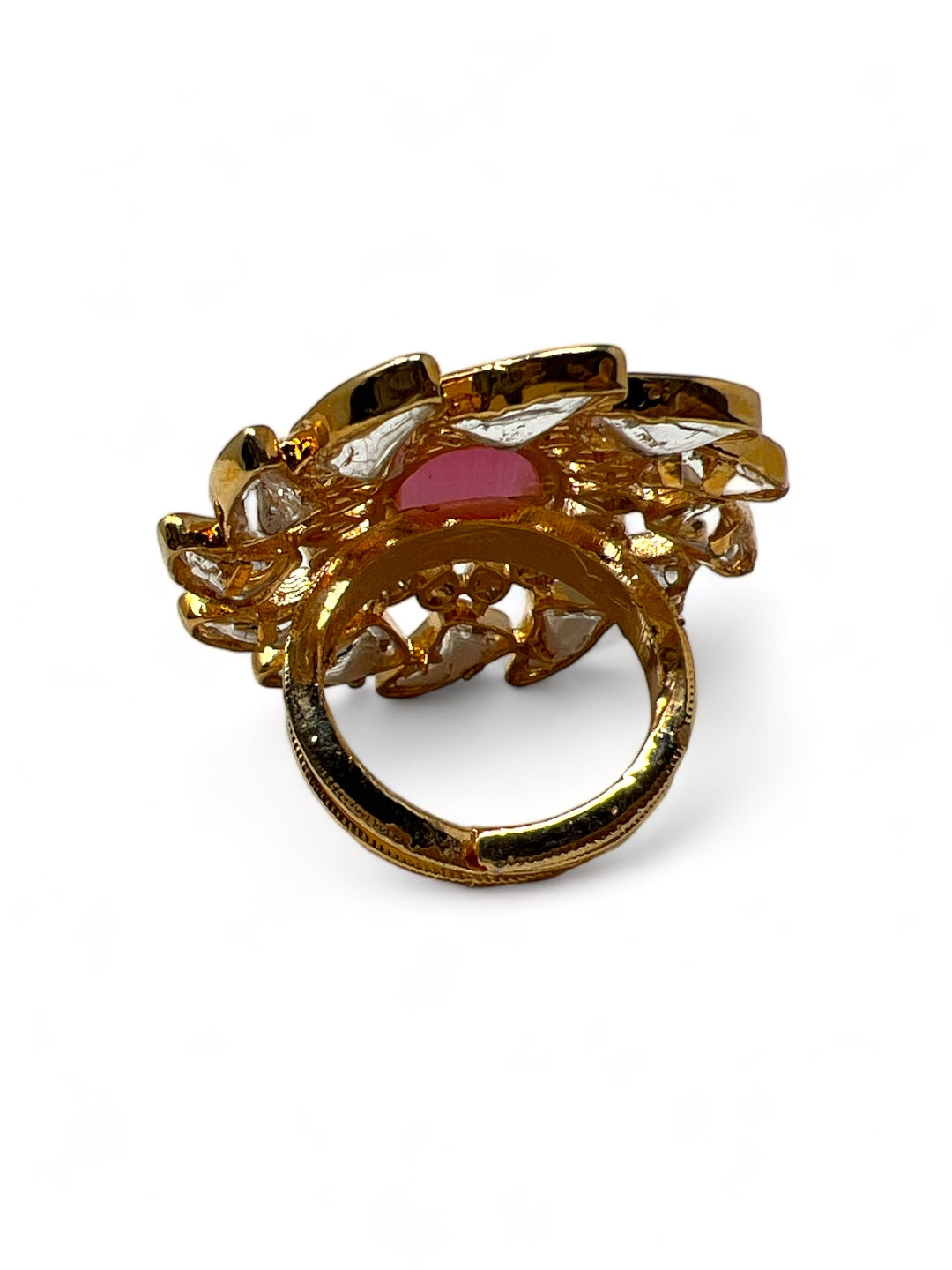 SHOBHANA KUNDAN RING STUDDED WITH AMERICAN DIAMOND AND PINK STONE jewellery in 24K gold plating | XAGO Luxe