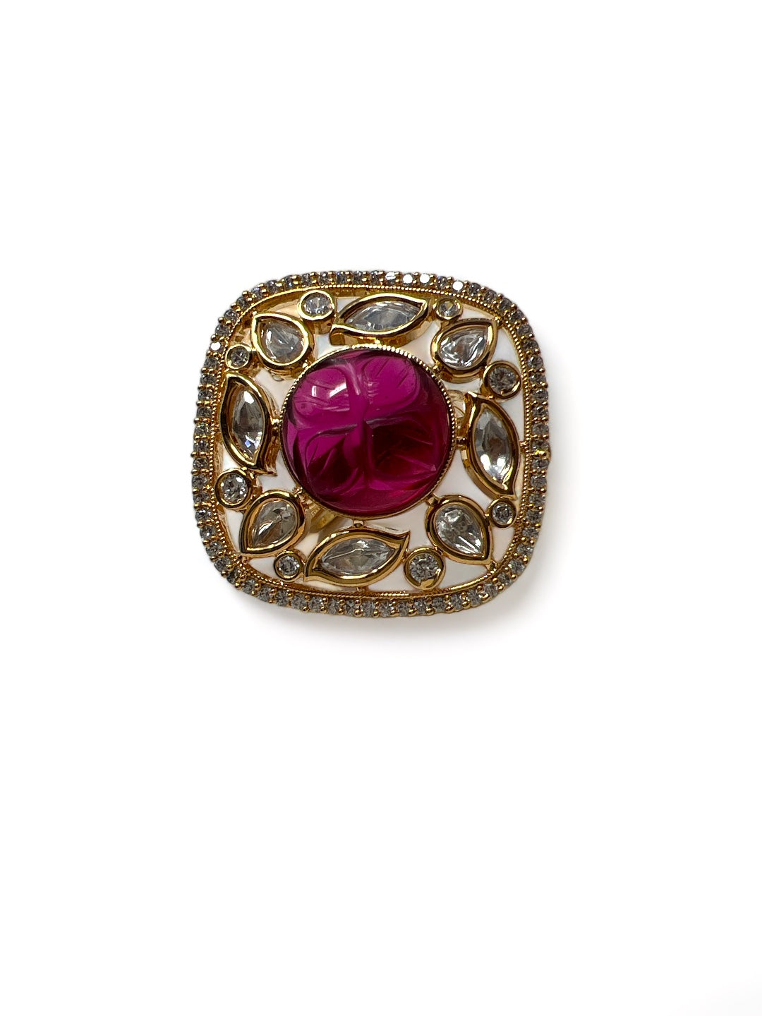CHARU KUNDAN RING STUDDED WITH AMERICAN DIAMOND AND RED STONE jewellery in 24K gold plating | XAGO Luxe