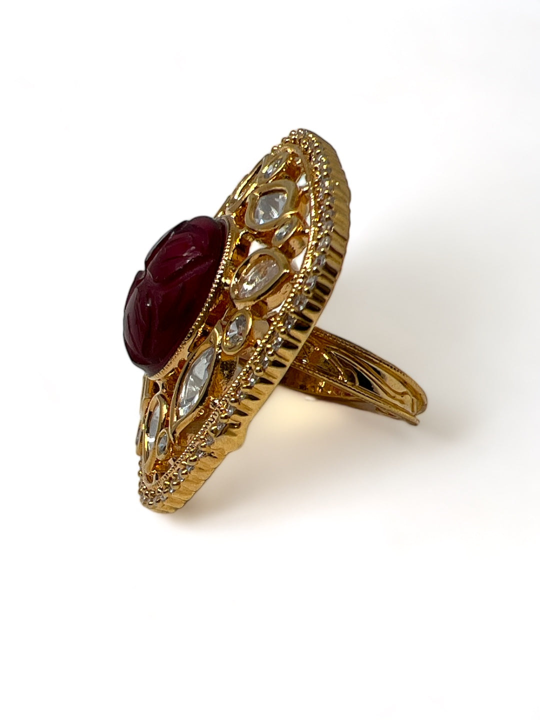 CHARU KUNDAN RING STUDDED WITH AMERICAN DIAMOND AND RED STONE jewellery in 24K gold plating | XAGO Luxe