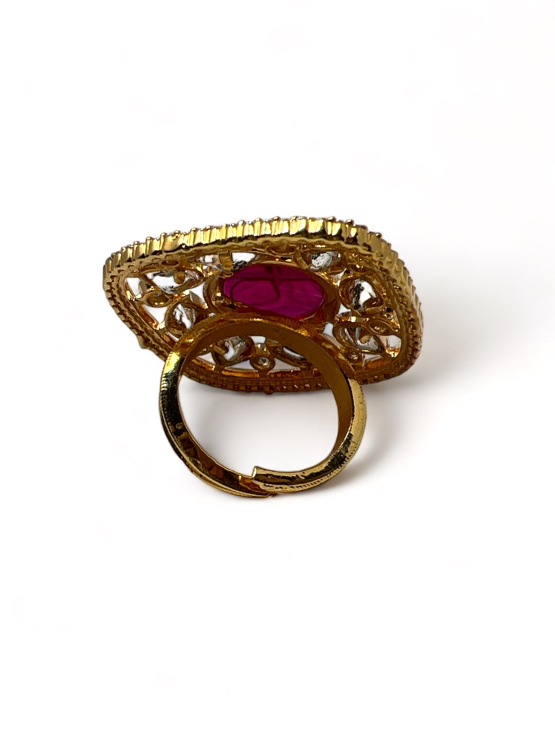 CHARU KUNDAN RING STUDDED WITH AMERICAN DIAMOND AND RED STONE jewellery in 24K gold plating | XAGO Luxe