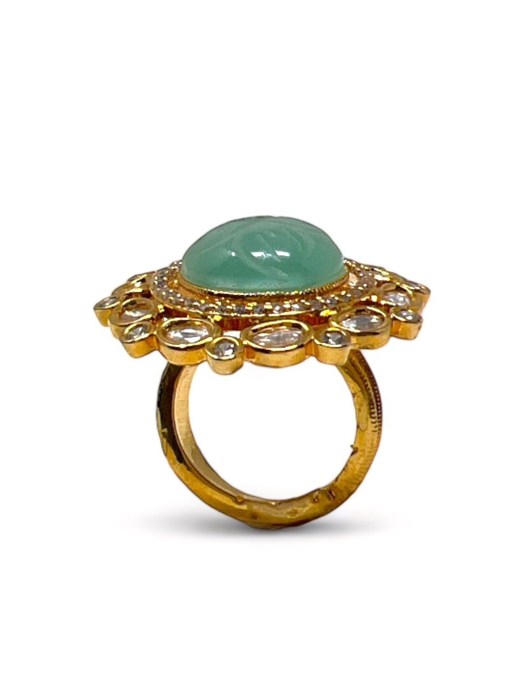 SAUNDARYA POLKI RING WITH AMERICAN DIAMOND AND CARVED JADE STONE jewellery in 24K gold plating | XAGO Luxe