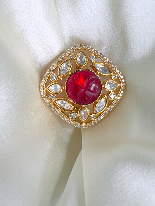 CHARU KUNDAN RING STUDDED WITH AMERICAN DIAMOND AND RED STONE jewellery in 24K gold plating | XAGO Luxe