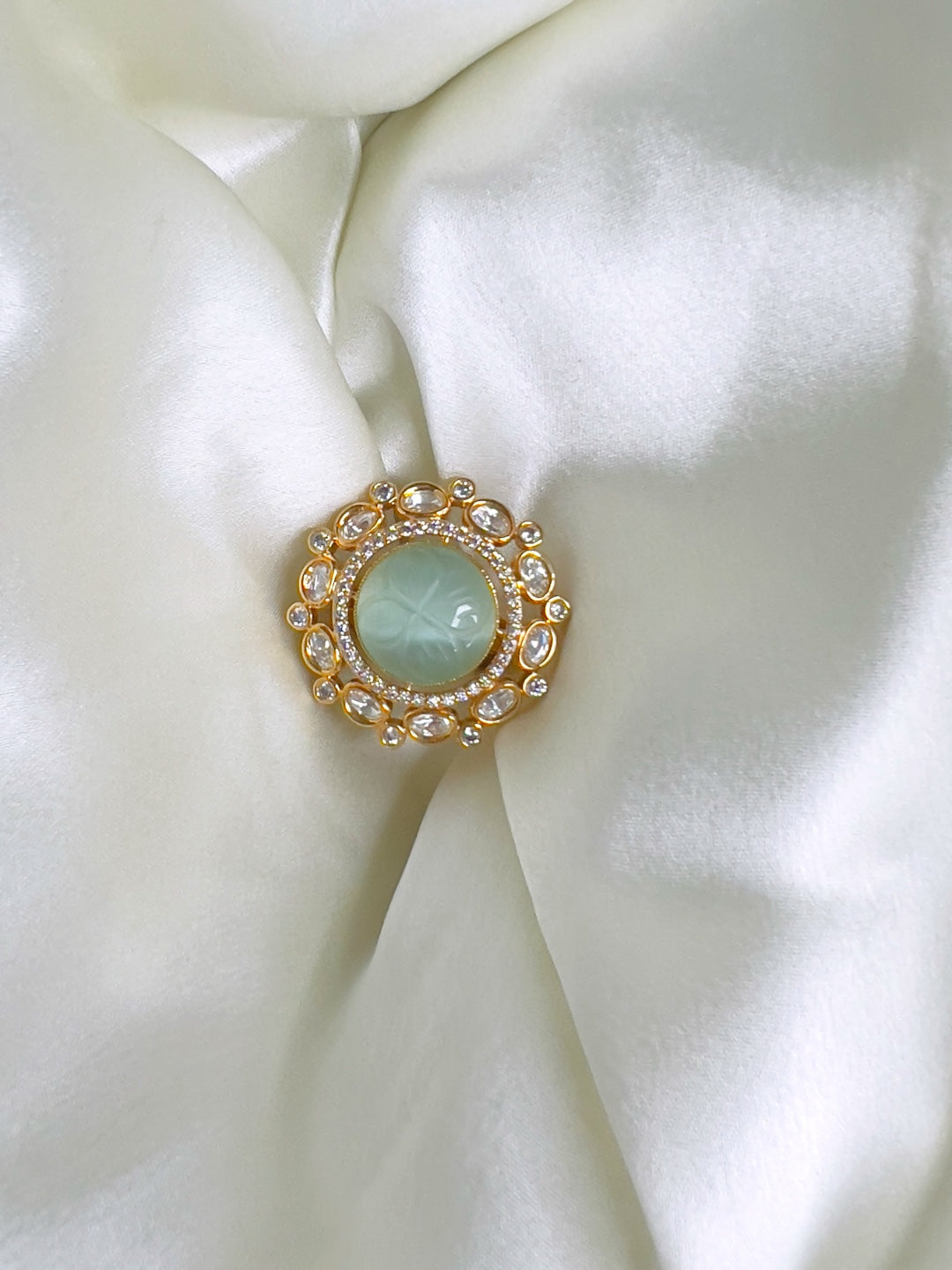 SAUNDARYA POLKI RING WITH AMERICAN DIAMOND AND CARVED JADE STONE jewellery in 24K gold plating | XAGO Luxe