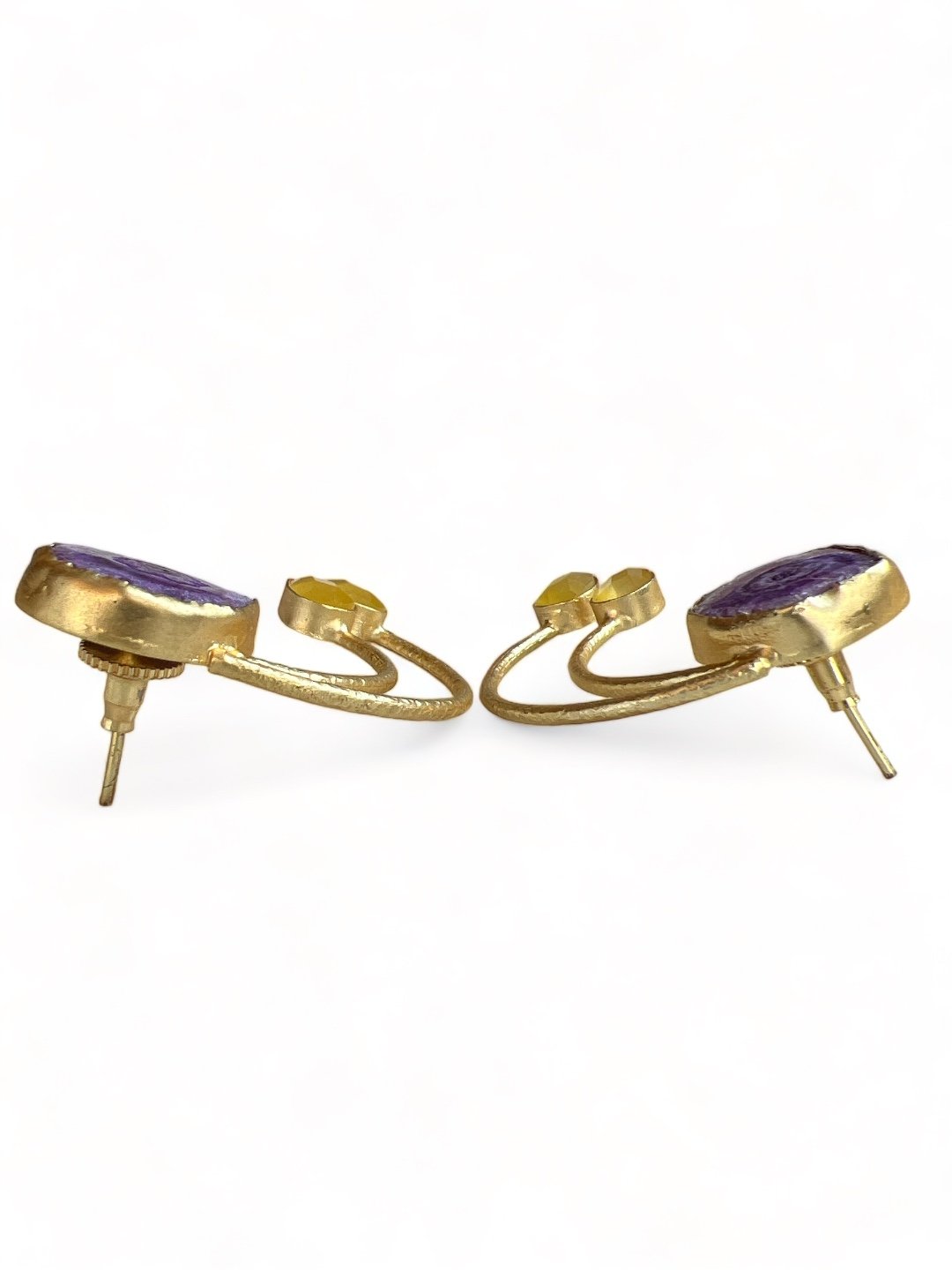 GOLD TONED PURPLE AND YELLOW CONTEMPORARY SHAPED DROP EARRINGS jewellery in 24K gold plating | XAGO Luxe