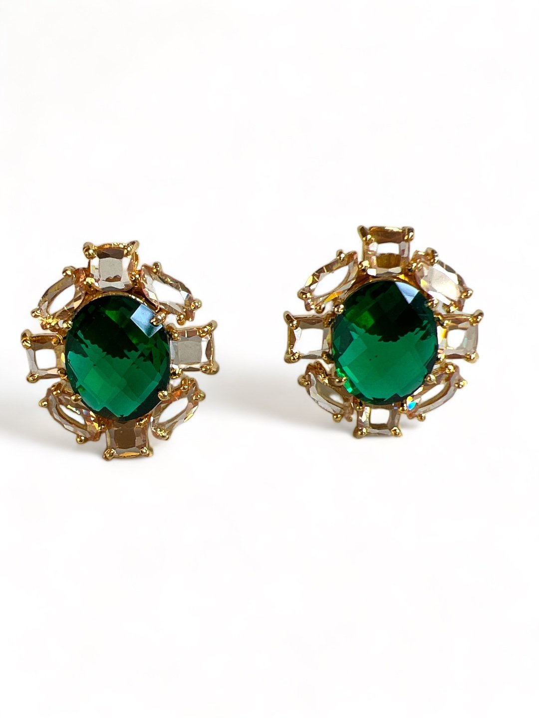 LE DENA GOND TONED GREEN CONTEMPORARY SHAPED STUD EARRINGS