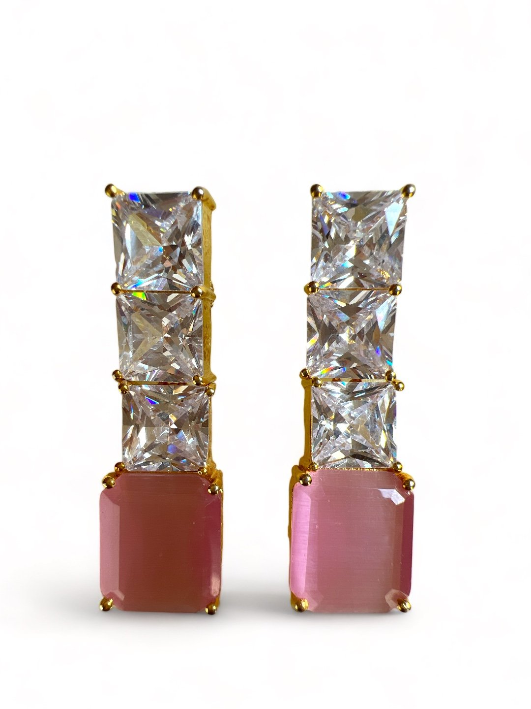 LE DULCE GOLD TONED PINK AND WHITE CONTEMPORARY SHAPED DROP EARRINGS jewellery in 24K gold plating | XAGO Luxe