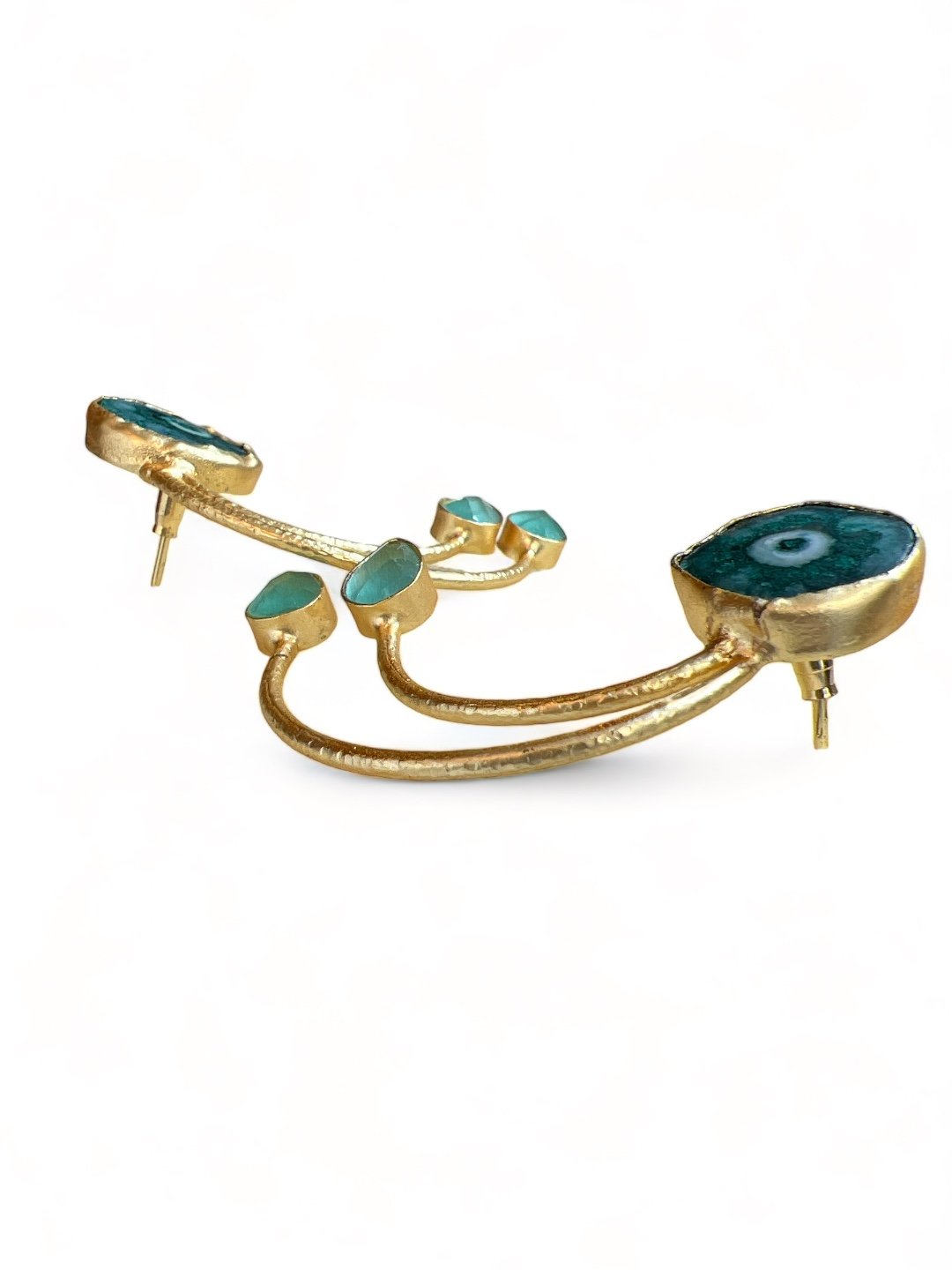 GOLD TONED GREEN AND BLUE CONTEMPORARY SHAPED DROP EARRINGS jewellery in 24K gold plating | XAGO Luxe