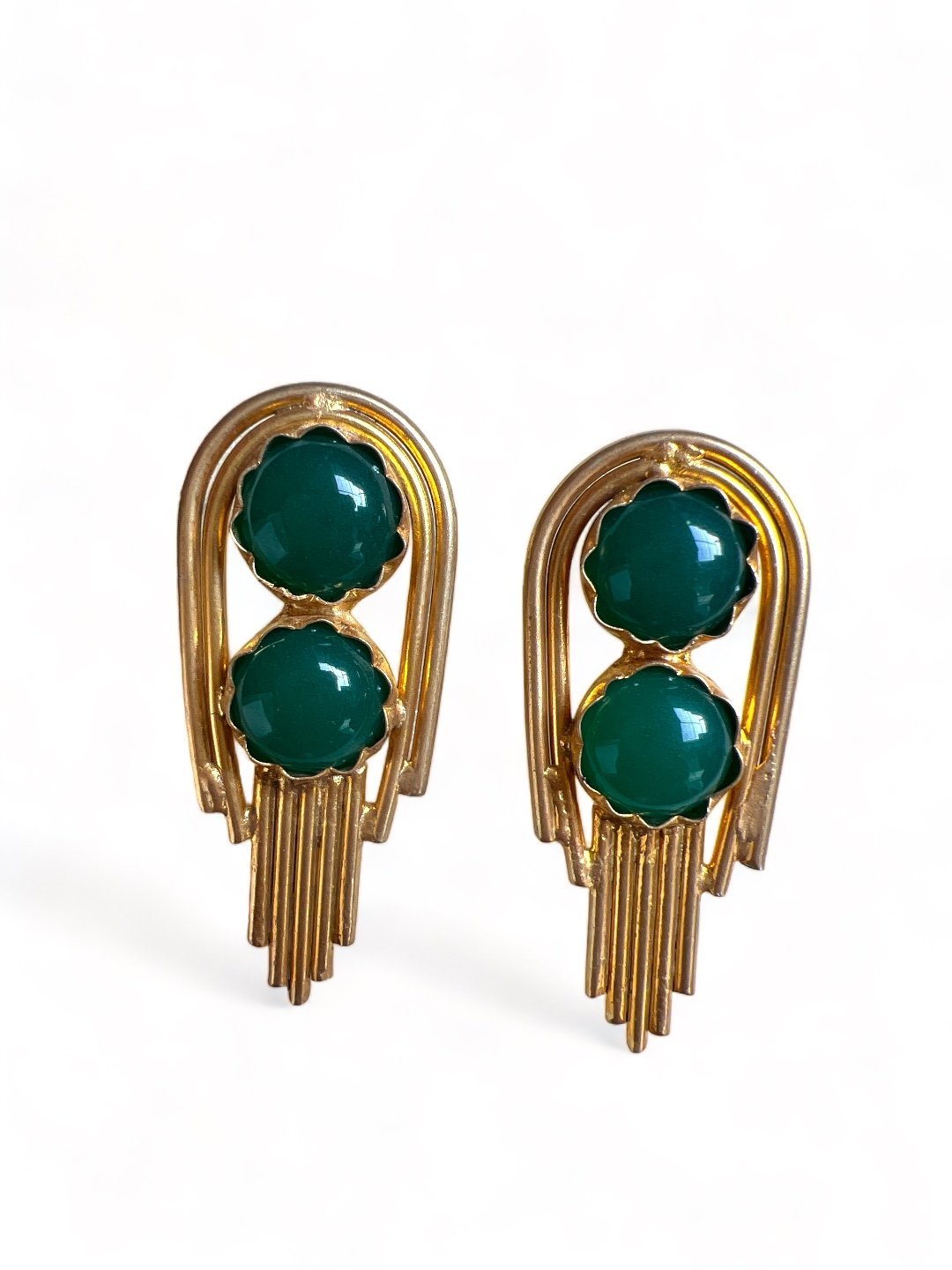 GOLD TONED GREEN CONEMPORARY SHAPED DROP EARRINGS jewellery in 24K gold plating | XAGO Luxe