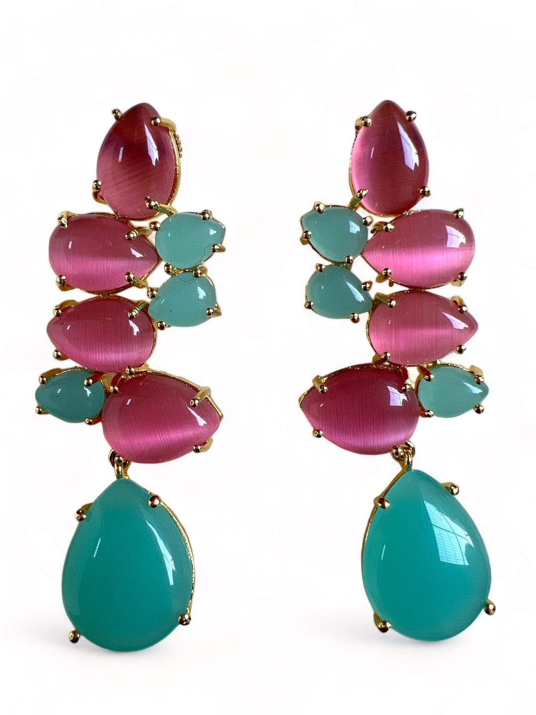 LE SIRENA GOLD TONED PINK AND BLUE CONTEMPORARY SHAPED DROP EARRINGS jewellery in 24K gold plating | XAGO Luxe