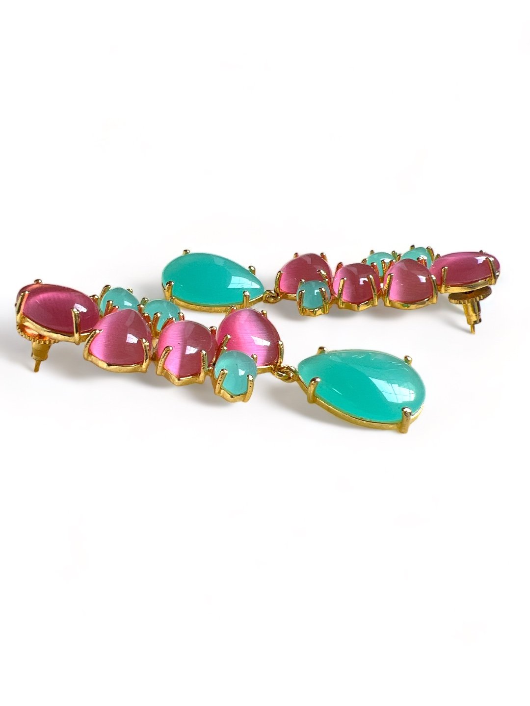 LE SIRENA GOLD TONED PINK AND BLUE CONTEMPORARY SHAPED DROP EARRINGS jewellery in 24K gold plating | XAGO Luxe