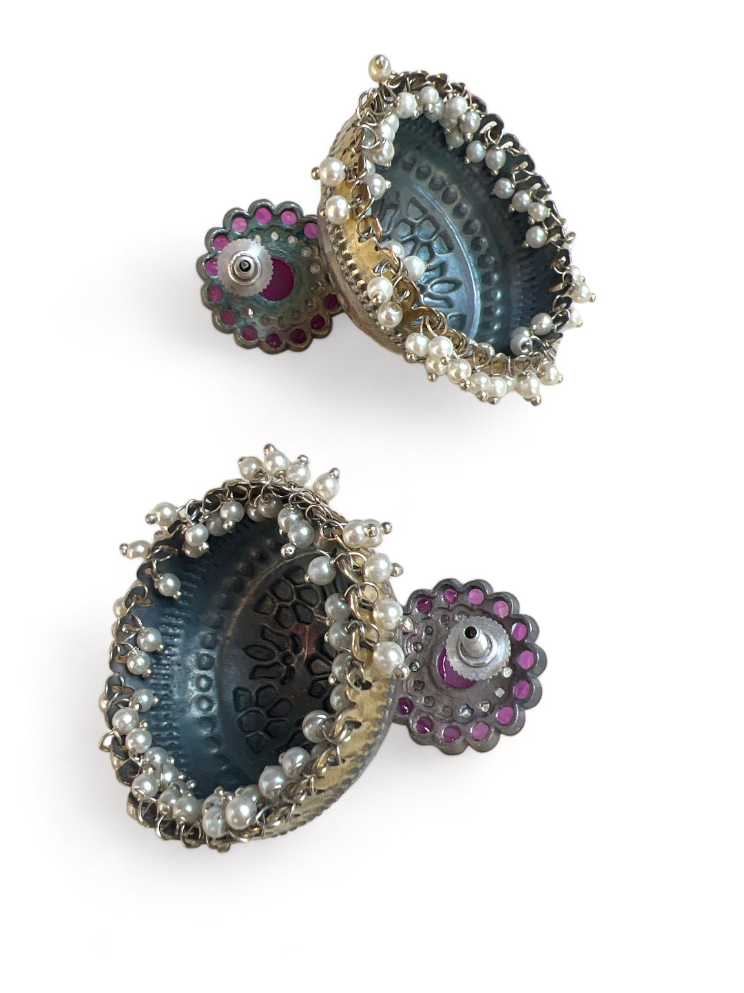 LE EMELIA SILVER-PLATED PINK STONE-STUDDED JHUMKA EARRINGS jewellery in 24K gold plating | XAGO Luxe