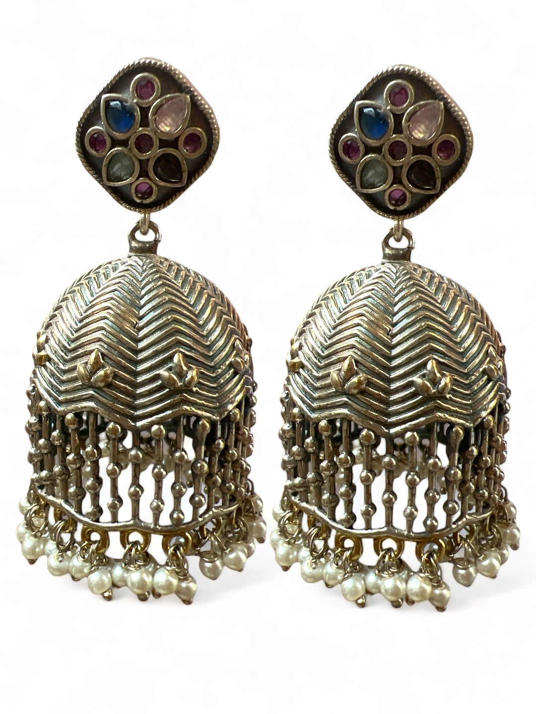 LE ELENA SILVER-TONED FLORAL SHAPED JHUMKA EARRINGS