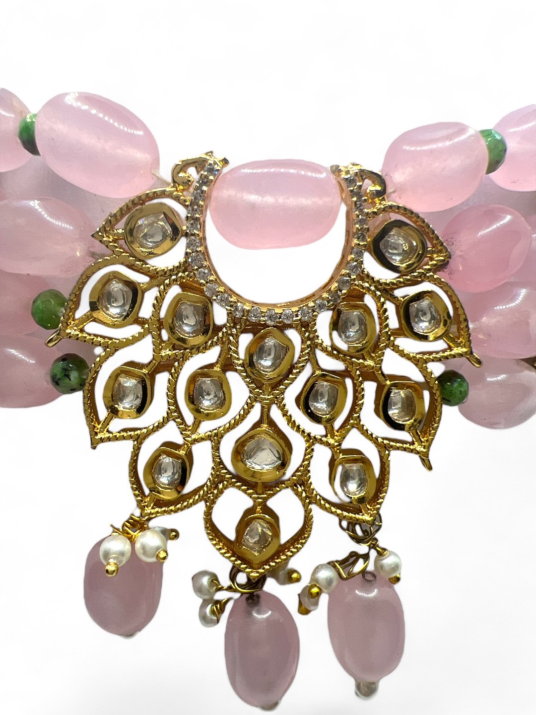 LE ANTONIO PINK BEADS & WHITE KHUNDAN NECKLACE SET jewellery in 24K gold plating | XAGO Luxe