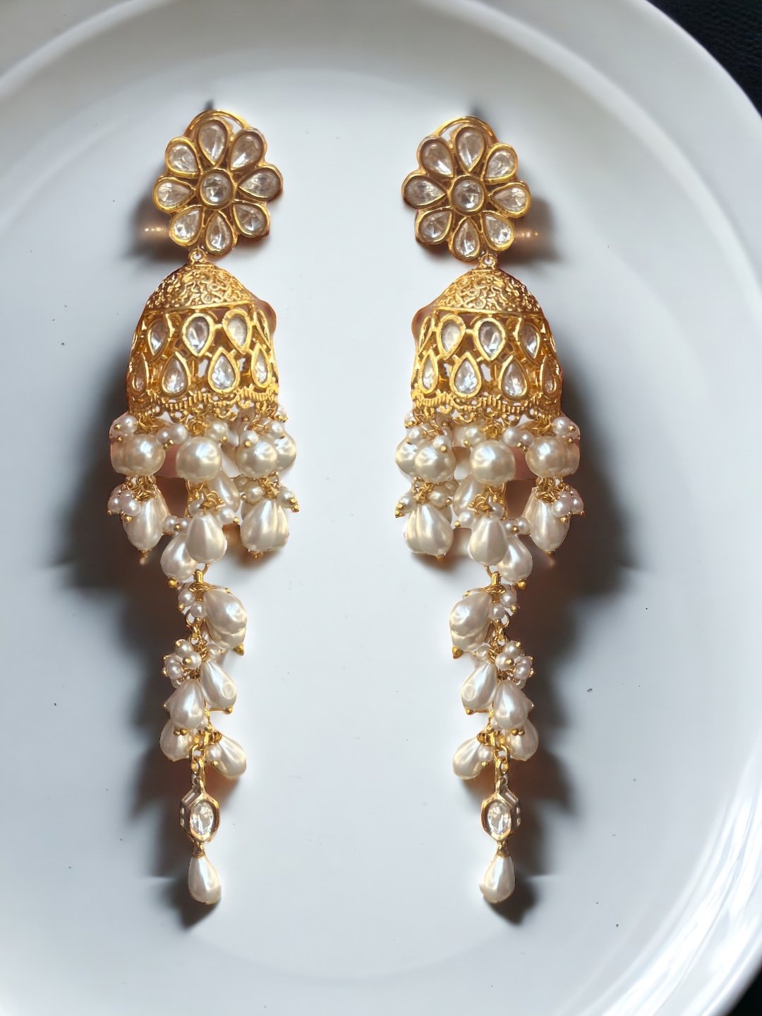 LE RAMONA WHITE PEARL & KUNDAN EARRINGS jewellery in 24K gold plating | XAGO Luxe