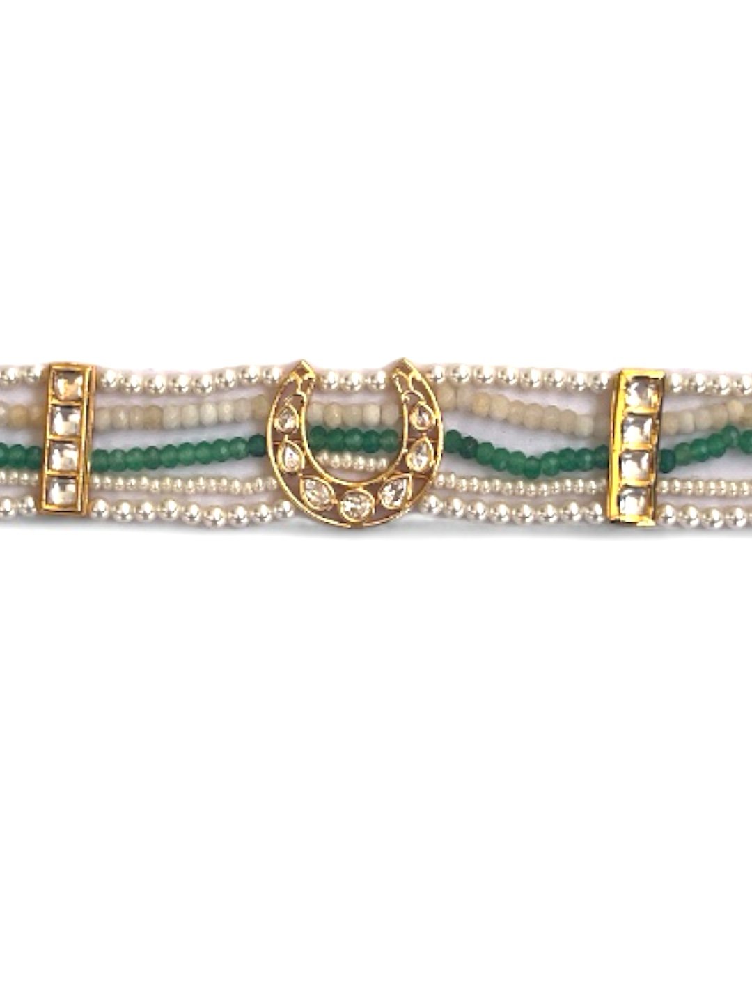 LE ALVARO GREEN AND WHITE GOLD PLATED KUNDAN STUDDED MATHAPATTI jewellery in 24K gold plating | XAGO Luxe