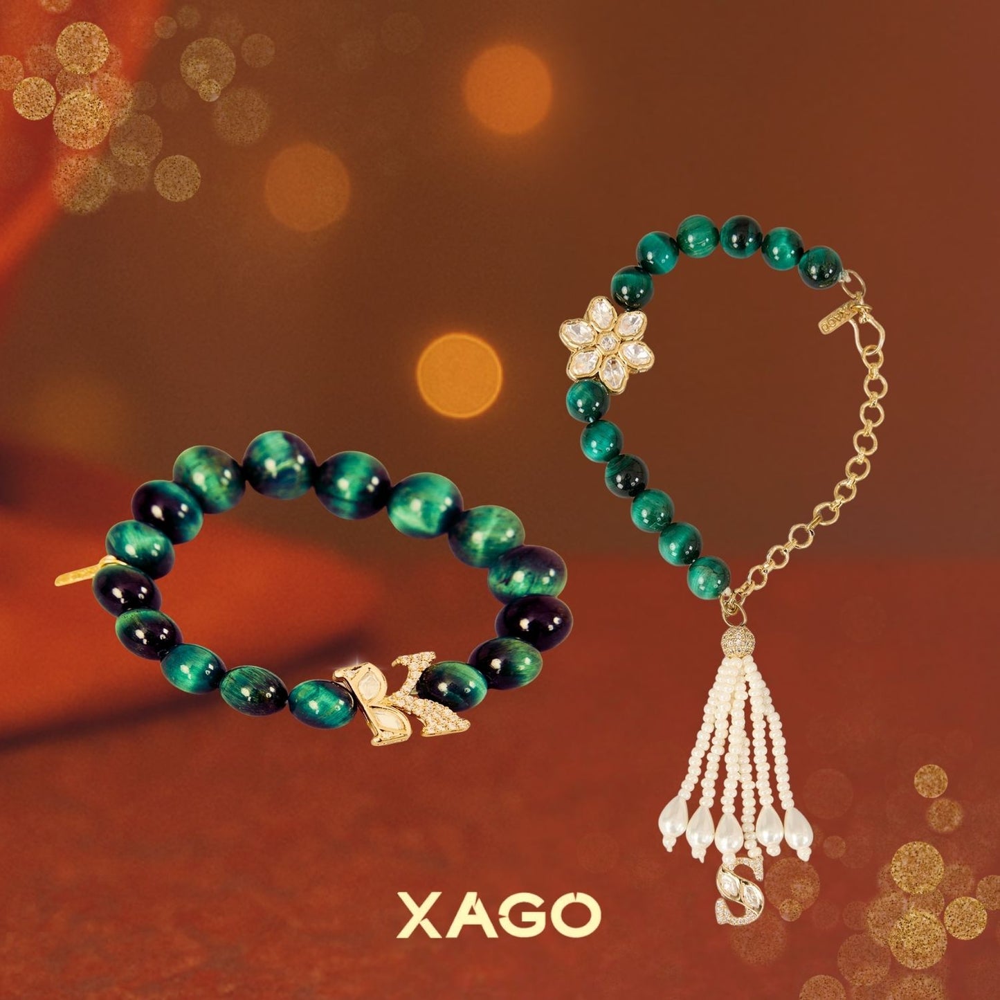Vivaan & Sharvani Rakhi & Lumba – Polki Motif Rakhi & Lumba with Green Beads | Rakshabandhan by XAGO