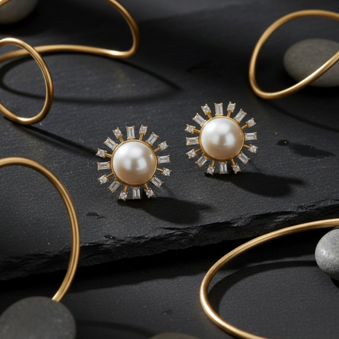 Xago Aurelia Pearl Burst Stud Earrings – Gold & CZ Statement Studs