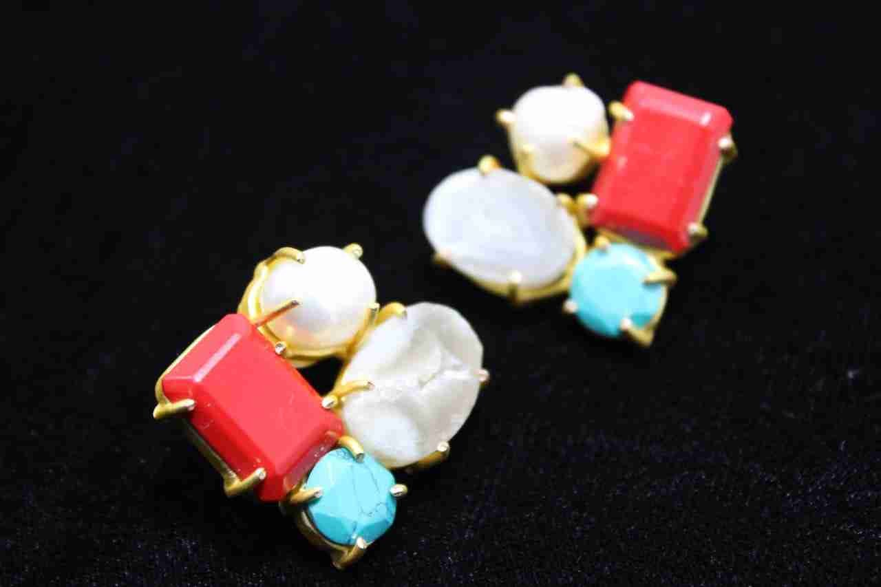 SANCHA CORAL, PEARLS, TURQUOISE AND WHITE AGATE STUDS jewellery in 24K gold plating | XAGO Luxe