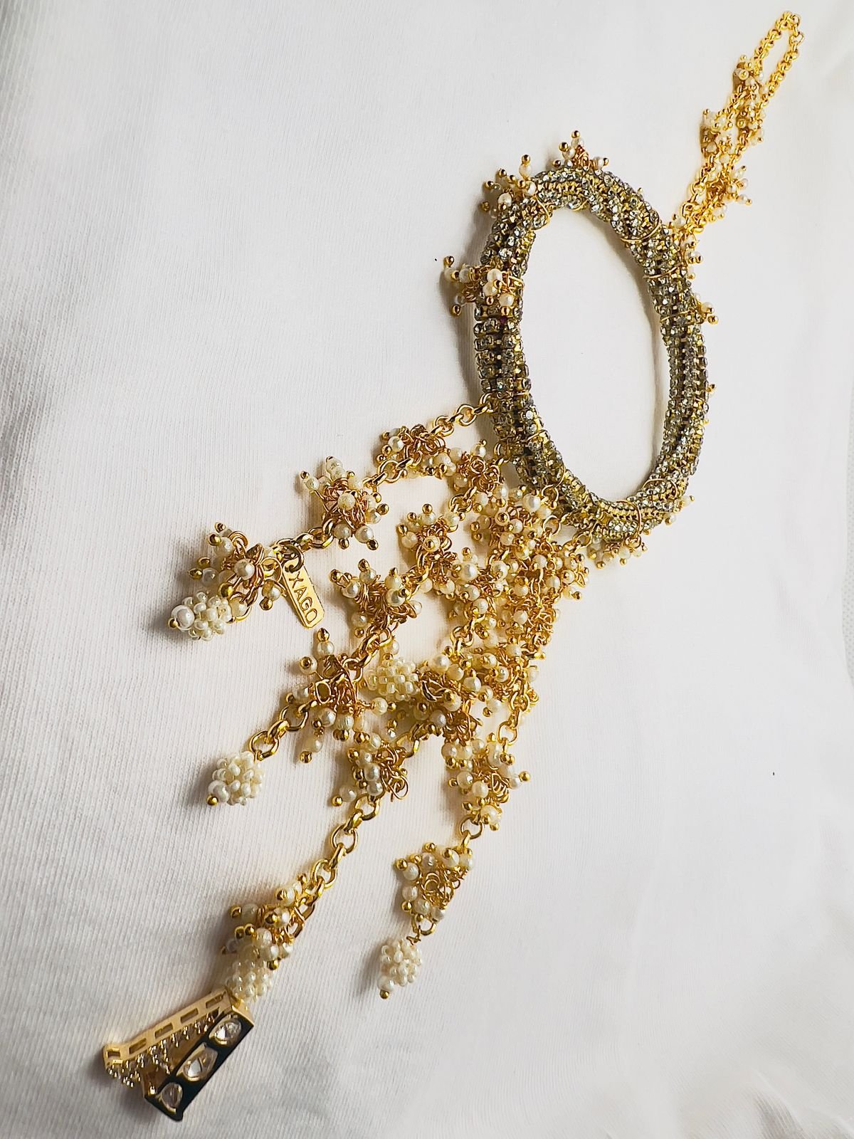 LE ARUNI WHITE PEARL & KUNDAN BRACELET jewellery in 24K gold plating | XAGO Luxe