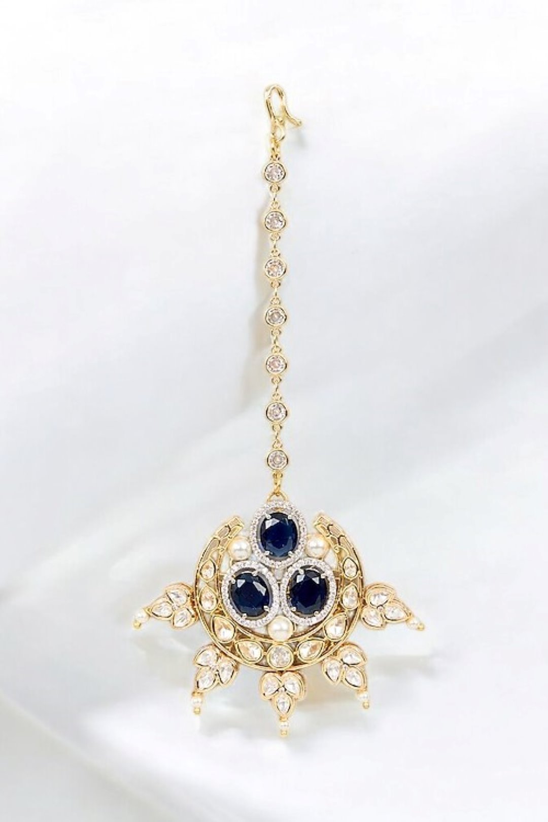 LE FAREEHA BLUE MAANG TIKKA POLKI designer jewellery in 24K gold plating | XAGO Luxe