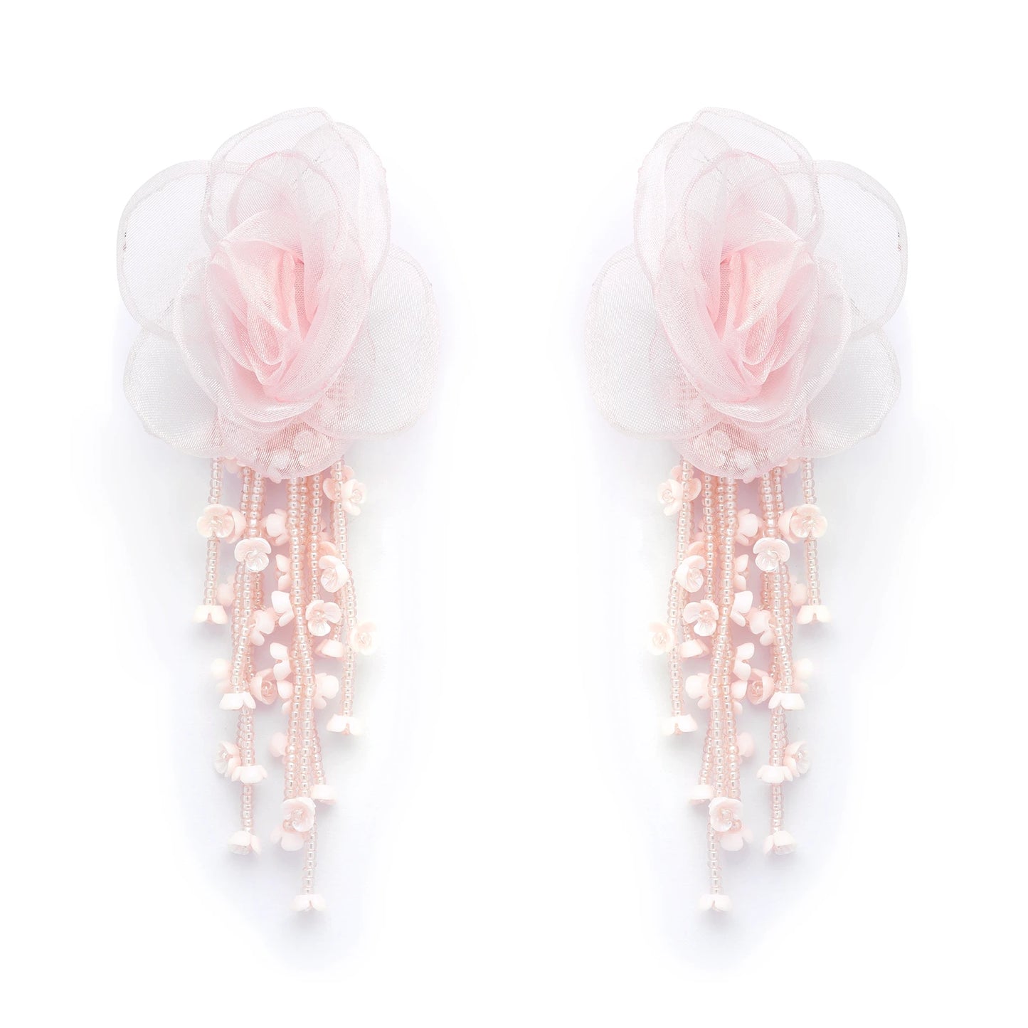 Pair of blush cascade pink floral pearl drop statement earrings