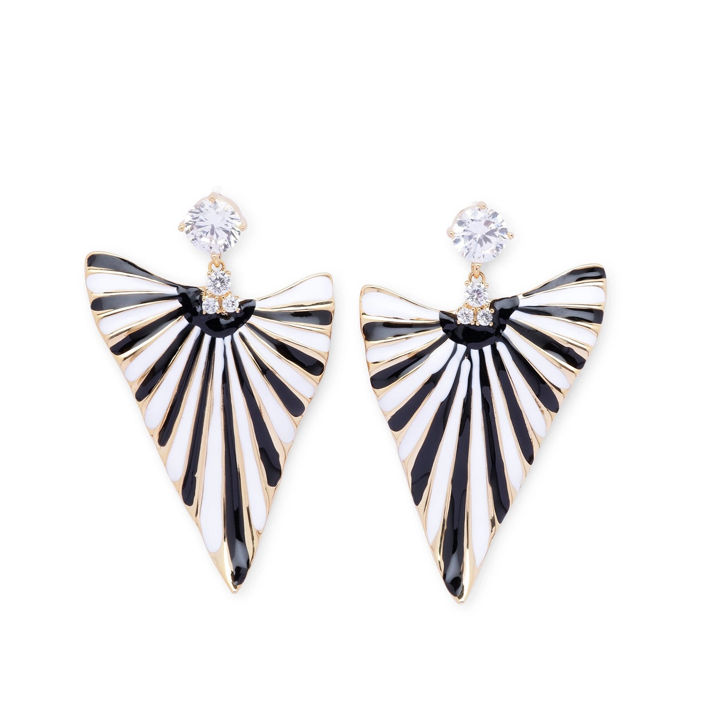 Front view of Eclipse Fan earrings with fan-shaped enamel design