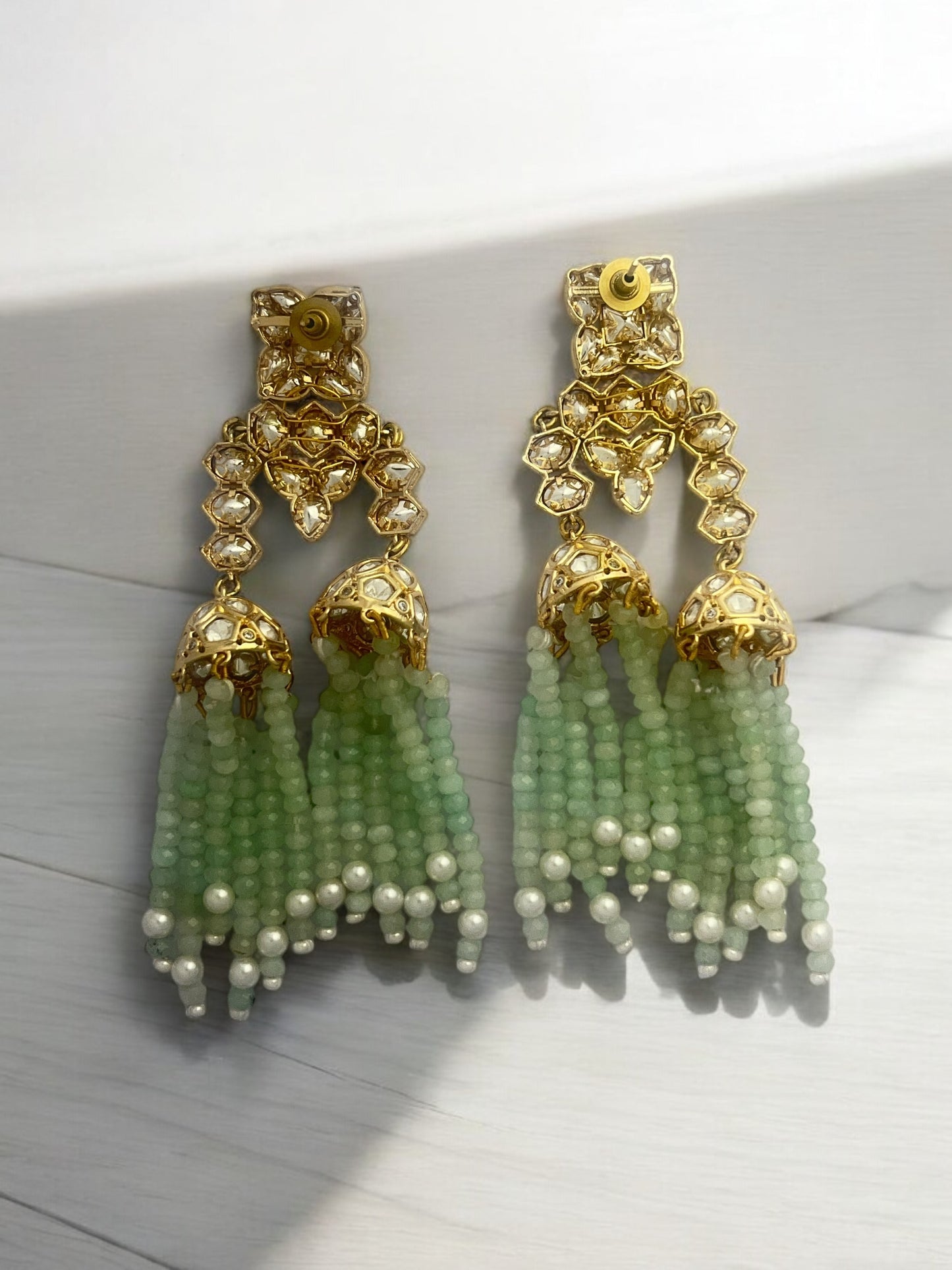 LE YUVAN MINT GREEN BEADS, MOISSANITE STUDDED EARRINGS