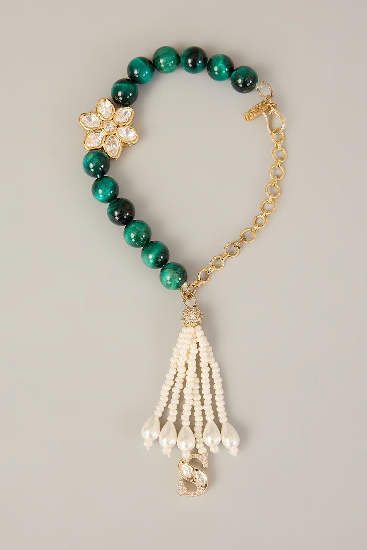 Sharvani Lumba – Handcrafted Polki Motif Lumba with Green Beads & Pearl Hangings | Rakhi for Bhabhi by XAGO designer jewellery in 24K gold plating | XAGO Luxe