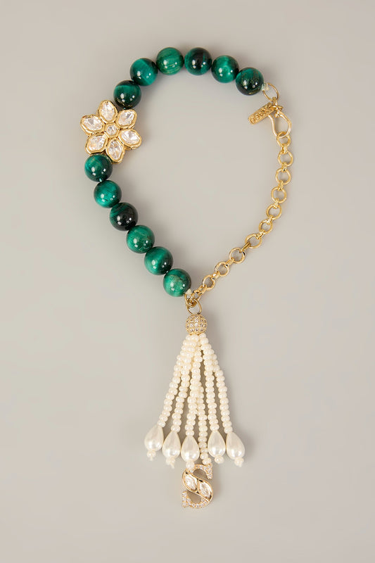 Sharvani Lumba – Handcrafted Polki Motif Lumba with Green Beads & Pearl Hangings | Rakhi for Bhabhi by XAGO designer jewellery in 24K gold plating | XAGO Luxe