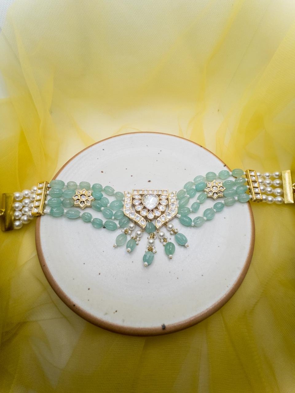 LE AJUSTIN GREEN BEADS & WHITE KHUNDAN NECKLACE SET jewellery in 24K gold plating | XAGO Luxe