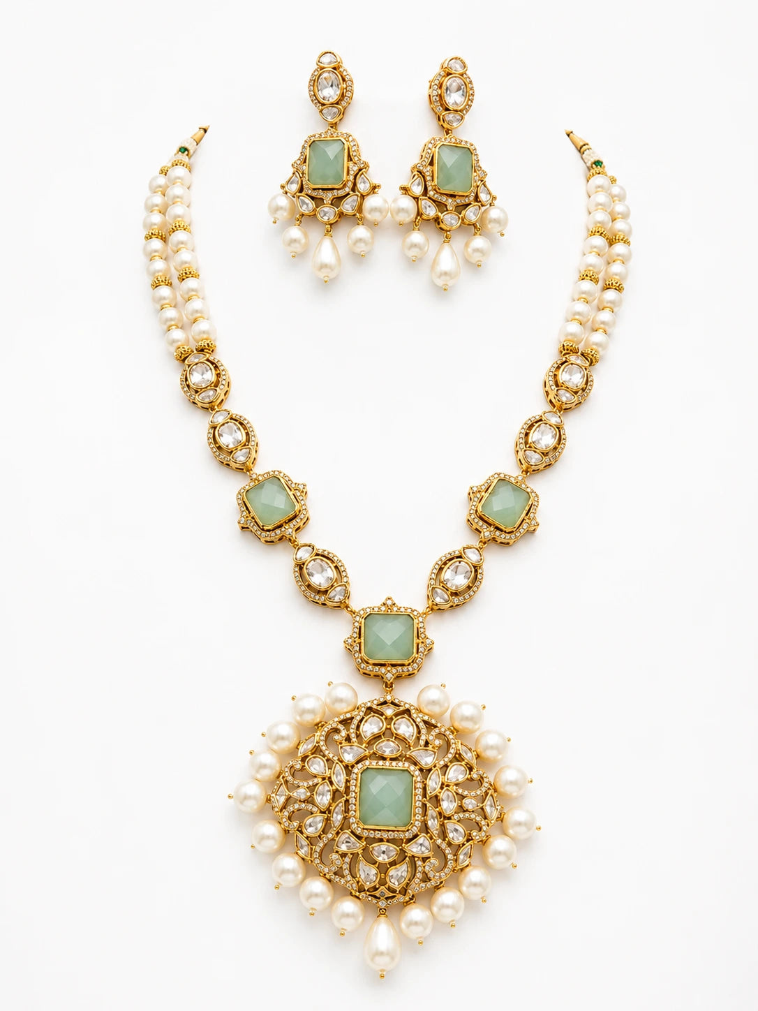 Modern Gold-Plated Pastel Green CZ Statement Necklace Set XAGO Luxe