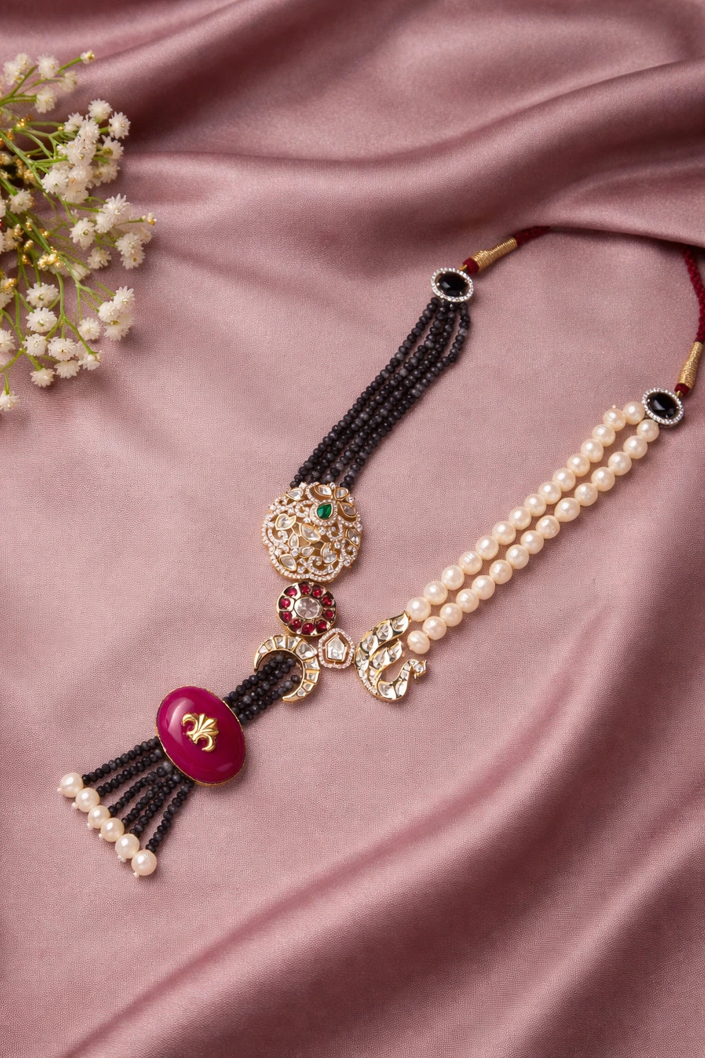 Rani Fleur Pink Agate Pearl Statement Necklace