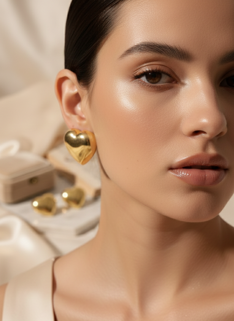 gold heart shaped earrings on a model
